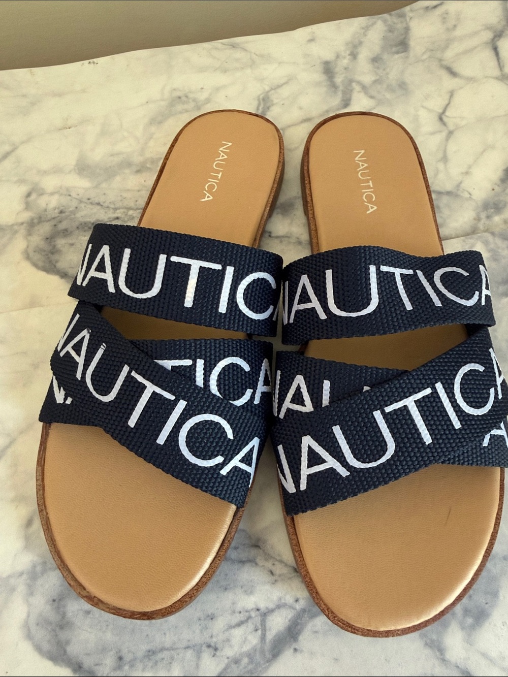 Nautica Navy and Tan Slide Sandals with White Logo Straps